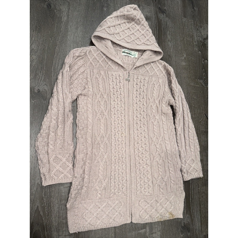 Aran Crafts Hoodie Women's XS Baby Pink Merino Wool Fisherman Cable Knit Zip